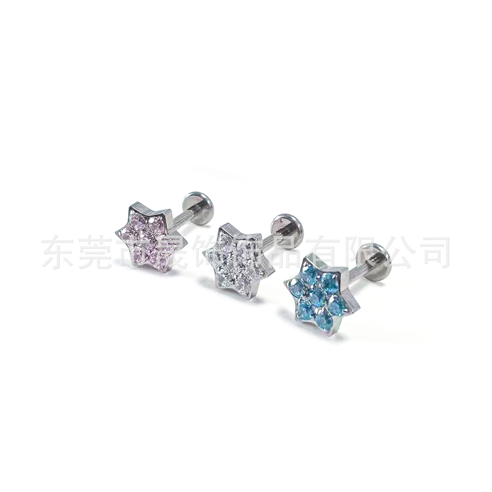 F136钛合金六角星形圆锆耳钉镶5A锆石耳骨钉G23钛内螺纹穿刺饰品