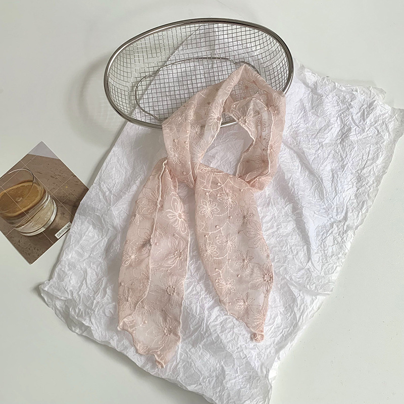 Pañuelo de seda de encaje, tira larga, sentido de alta gama, nueva primavera y verano, dulce cinta bordada, bufanda pequeña multiusos, cinta de bolsa atada