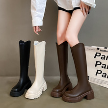 黑色复古百搭粗跟厚底长筒靴女2025新款夏季v口显瘦增高骑士靴子