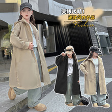 女童中长款风衣外套2024新款宽松中大童连帽风衣外贸批发一件代发