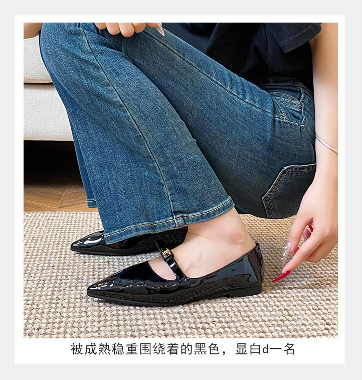 Giày búp bê nữ mũi nhọn khóa vàng nơ nhỏ, đế bằng gót thấp 1–3 cm — Trắng, màu đen chi tiết 10