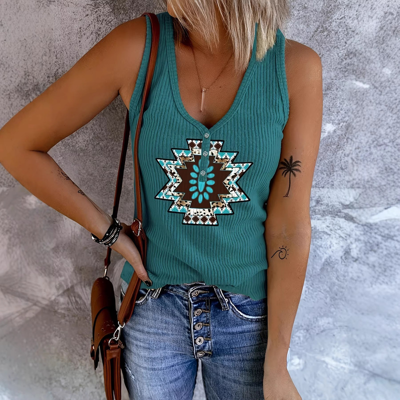 Cross-Border Hot-Selling Independent Site Shein Women's Western Ethnic Style Printed V-Neck Vest with Buttons, Sleeveless, Retro Style Cross-Border Hot-Selling Independent Site Shein Women's Western Ethnic Style Printed V-Neck Vest with Buttons, Sleeveless, Retro Style
