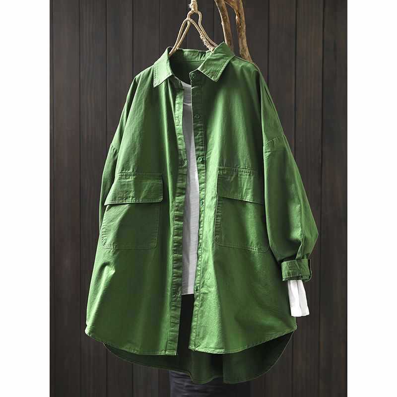 Double Pocket Washed Cotton Mid-Length Long-Sleeve Shirt Jacket for Women, Loose Plus Size Spring Casual Versatile Design Top Double Pocket Washed Cotton Mid-Length Long-Sleeve Shirt Jacket for Women, Loose Plus Size Spring Casual Versatile Design Top