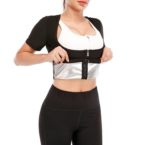 European and American plus-size sport body shaping tops with zipper short sleeve sweat-proof tops with waist-cinching and chest-lifting shaping tops, fitness sweat-proof tops