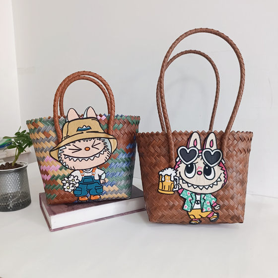 2025 Summer New Internet Popular Woven Basket Bag Shoulder Hand Bag for Women Cute Rattan Cloth Cartoon Woven Bag