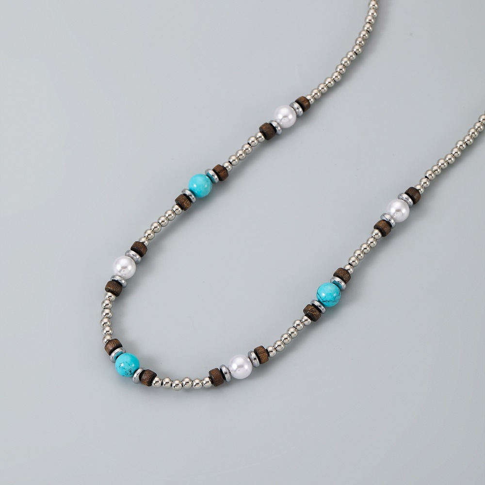 Simple Style Geometric Artificial Pearl Wooden Beads Turquoise Plating Men's Necklace display picture 3