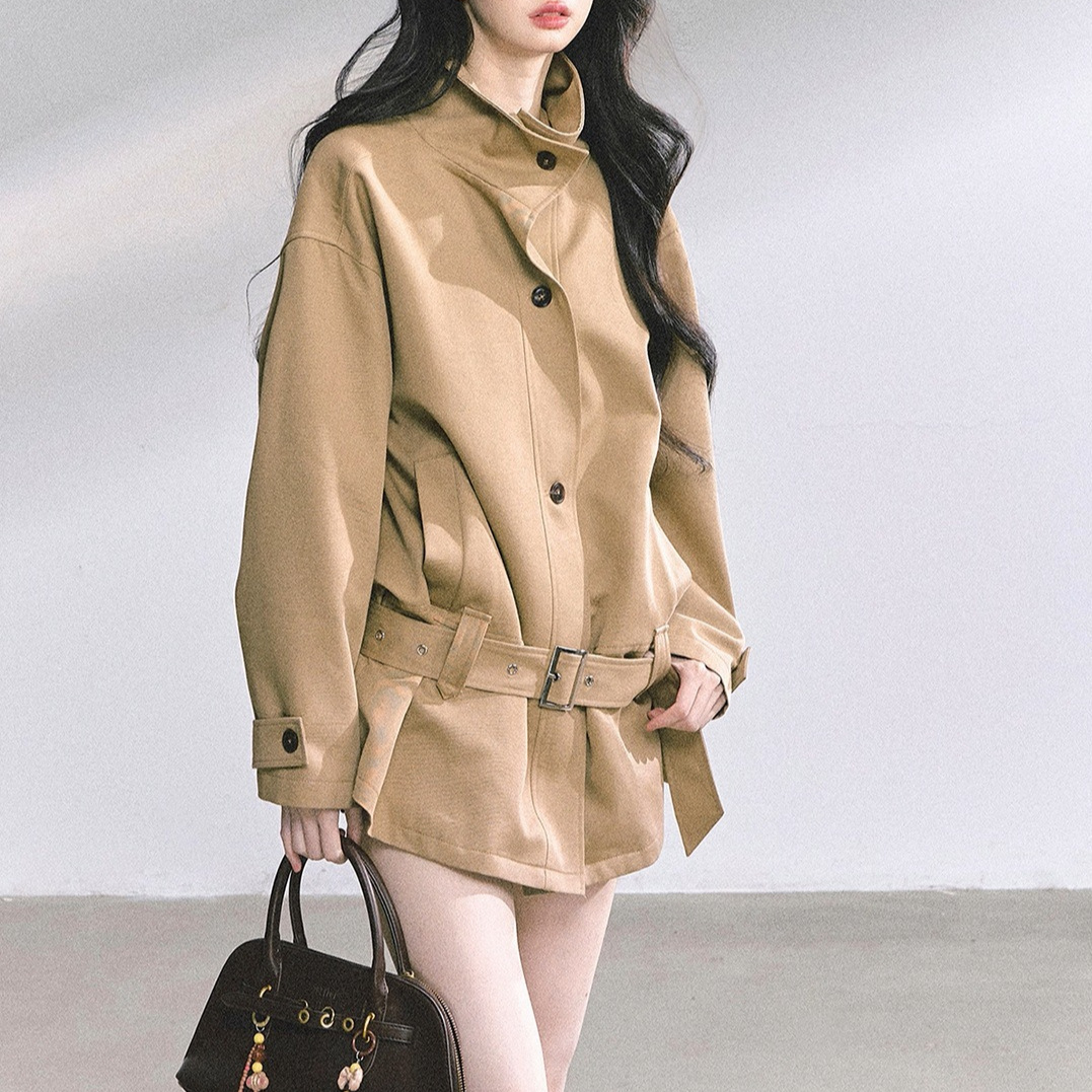 Sydney Holiday% High-End French Hepburn Style Windbreaker Jacket for Women in Autumn Loose Slimming Look Stand-Up Collar Top