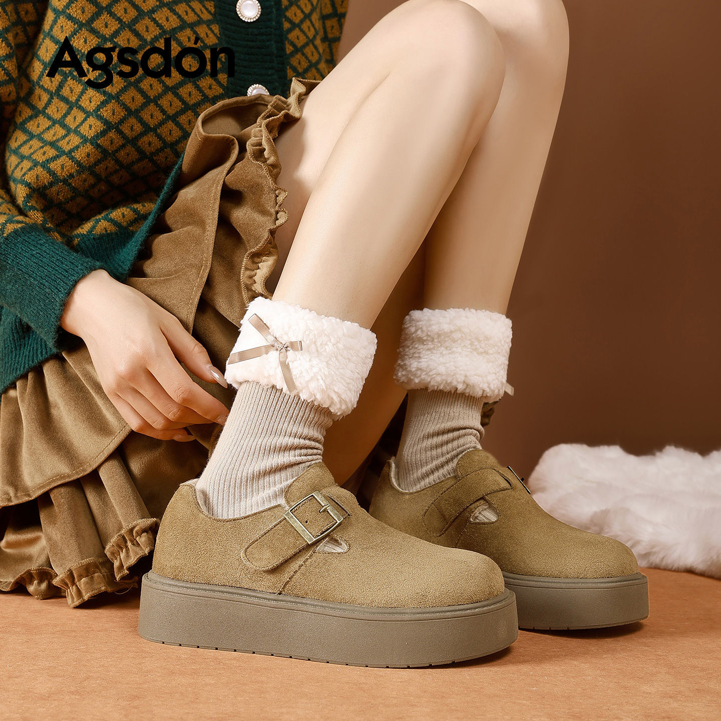 Augu Shi Deng grueso botas de botas de nieve de peluche para mujeres 2026 nuevos zapatos de algodón de primavera casuales de un solo pie