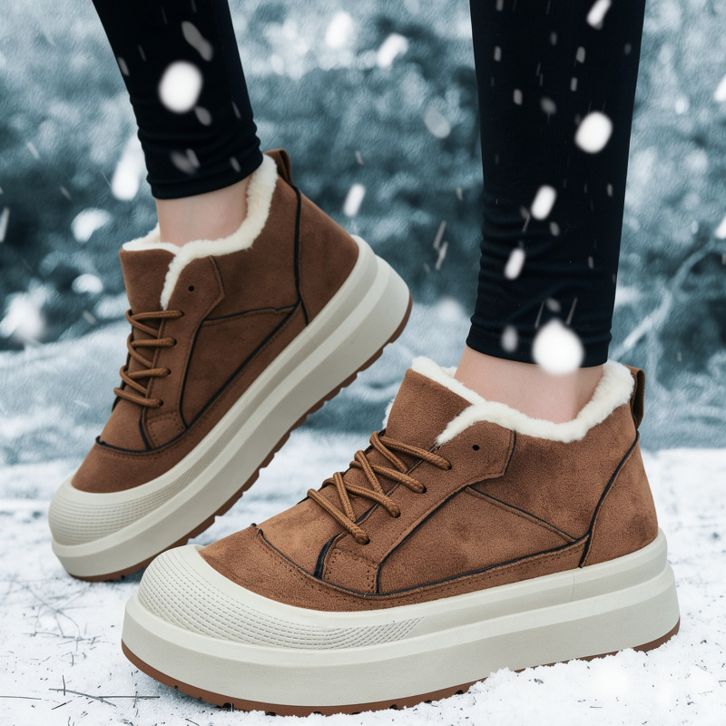 New women's winter lace-up furry shoes with thick plush lining, plus-size platform sole trendy shoes, dropshipping available