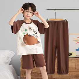 夏季男童睡衣新款儿童短袖家居服三件套装薄款卡通中大童长裤睡衣