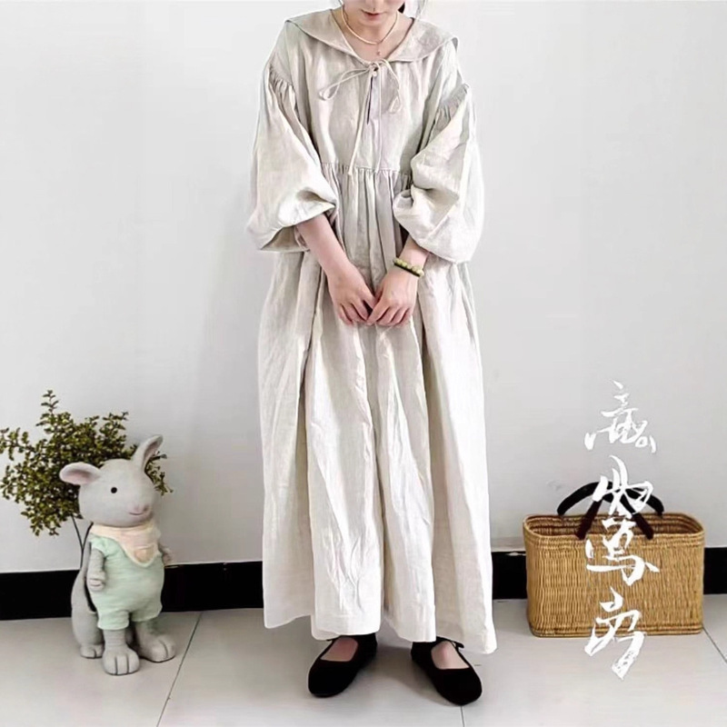 Sweet Mori Girl Age-Reducing Lace-Up Linen Doll Collar Long Sleeve Dress Loose Versatile Solid Color Casual Mid-Length Dress for Autumn Sweet Mori Girl Age-Reducing Lace-Up Linen Doll Collar Long Sleeve Dress Loose Versatile Solid Color Casual Mid-Length Dress for Autumn