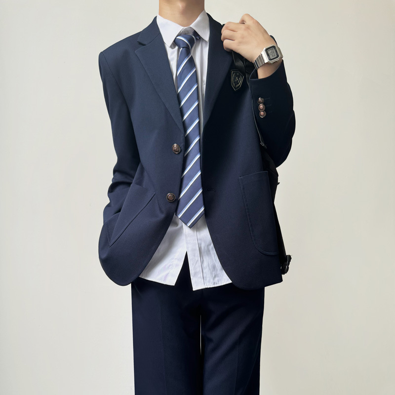 Men's cyanotic long western two-button outer pocket + men's white long-sleeved shirt + blue striped tie + cyanotic serge fabric trousers