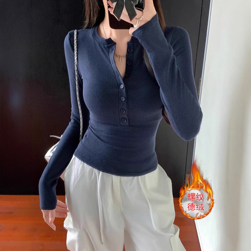 Henry Collar Navy Blue Fleece-Lined Long-Sleeve T-Shirt for Women, Slim-Fit Chic Half-Open Collar Top for Autumn and Winter