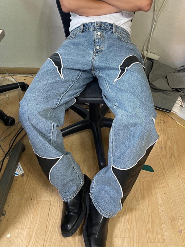 2023 new American embroidery patchwork jeans men's fashion brand loose straight ASAP ROCKY same style pants 2023 new American embroidery patchwork jeans men's fashion brand loose straight ASAP ROCKY same style pants