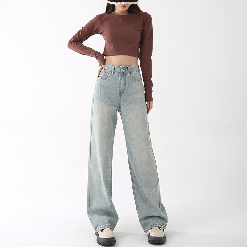Light blue jeans women's straight 2022 autumn and winter high-waisted straight leg pants slim slimming drapy mopping trousers