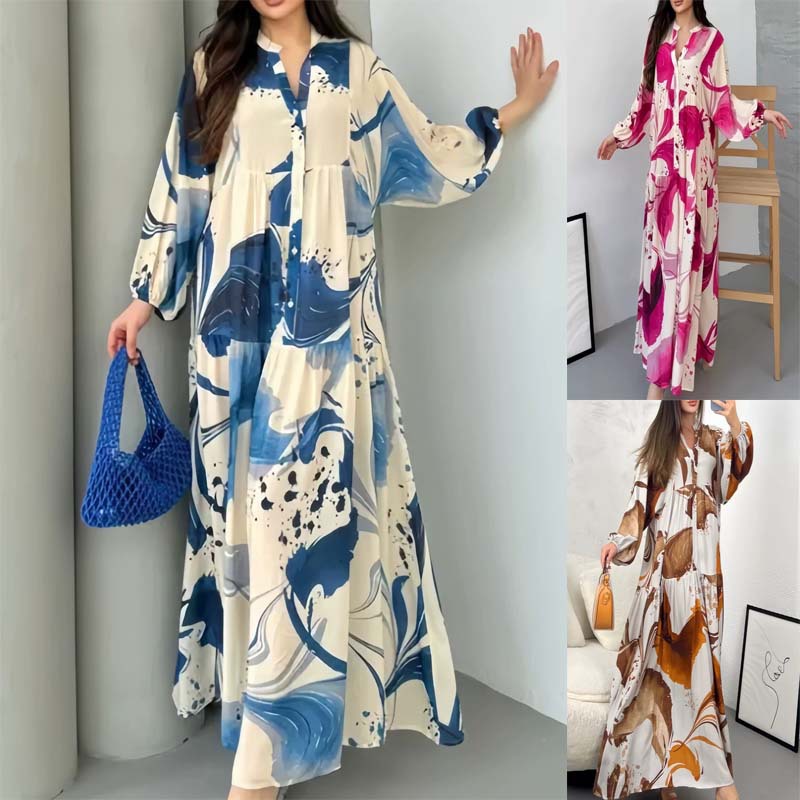 2025 European and American New Style Amazon Independent Station Printed Dress Loose Casual Long-Sleeved Elegant V-Neck Long Skirt for Women