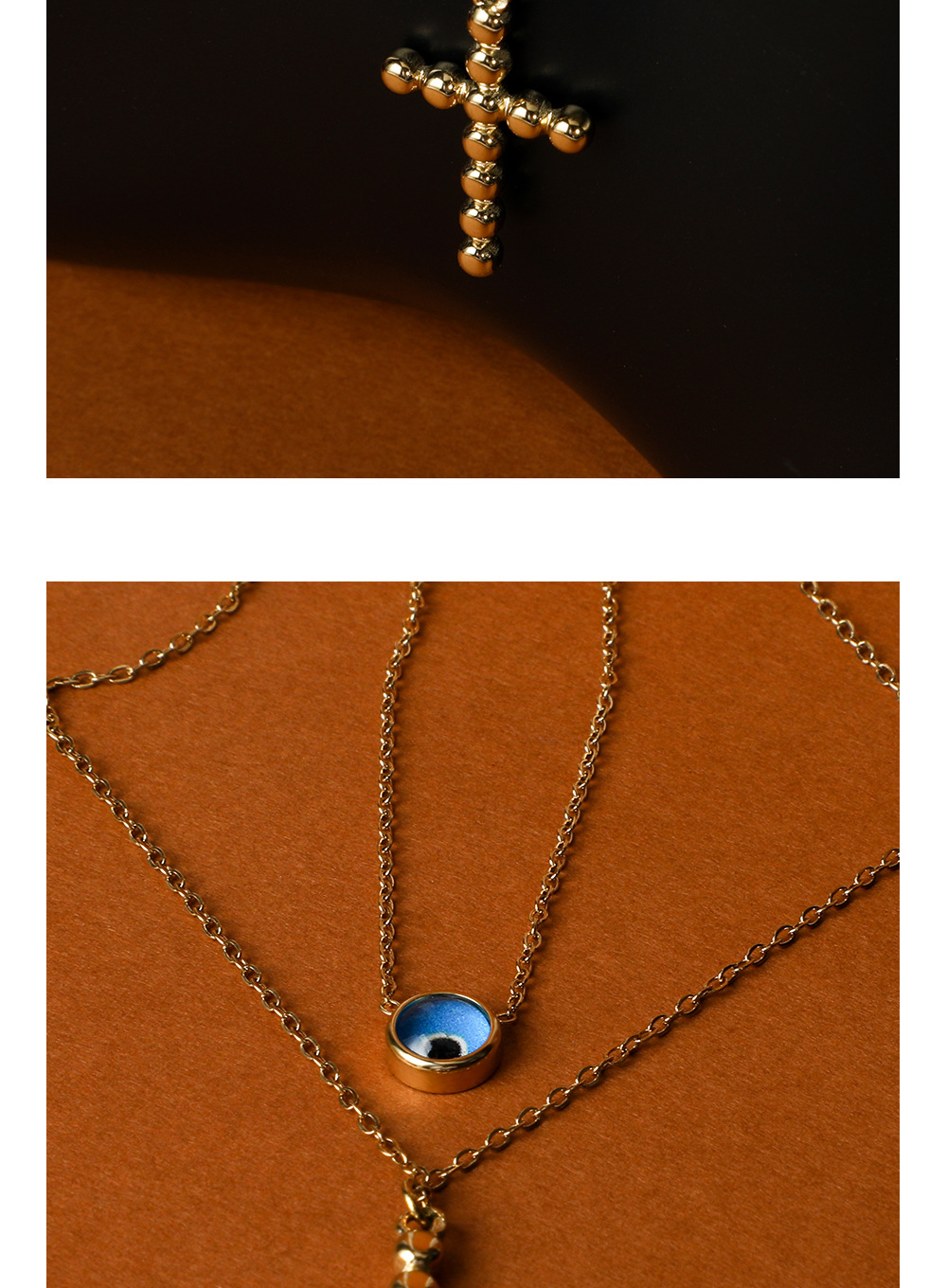 New Stainless Steel Gold-Plated Eye Cross Pendant Double-Layer Necklace_colorza_2