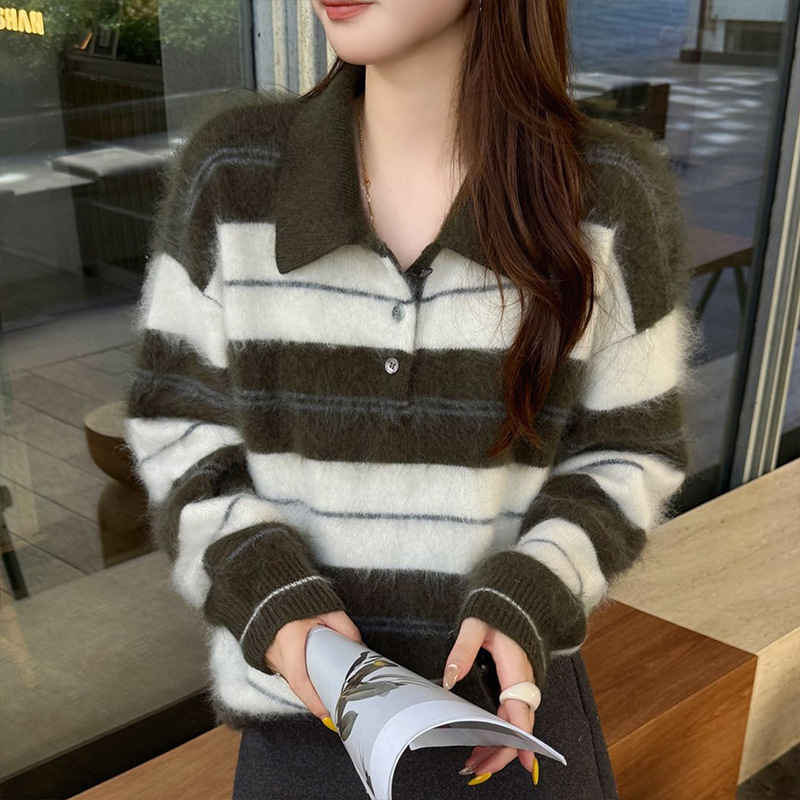 Wool and cashmere brushed jacquard polo collar women's warm autumn and winter retro striped wool sweater loose top 26 new