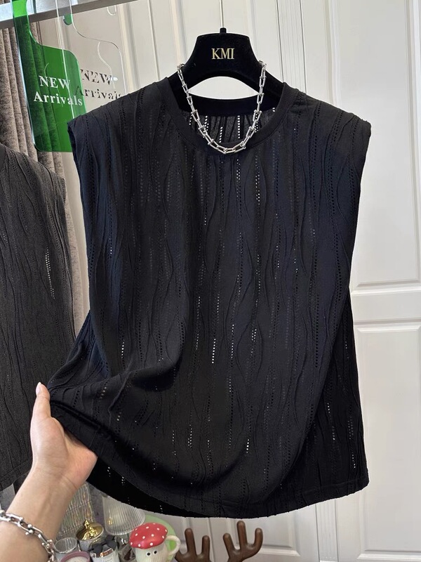8210 # [Original Fabric + Shoulder Pads] Hollow-Out Sleeveless T-Shirt Women's Top Loose Vest Summer 2026 New Style