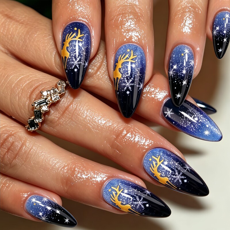 Christmas Manicure Almond-Shaped False Nails European and American Fashion Popular Hot-Selling Wearable Nails Wholesale Blue Manicure