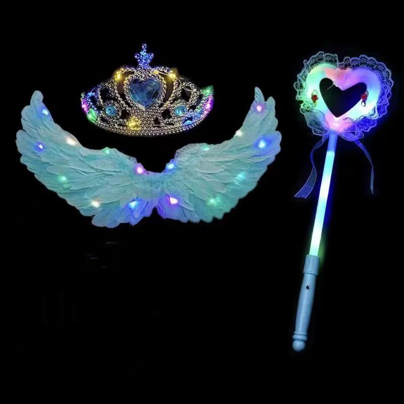 Alas de plumas luminosas azul + Corona de luz + palo de encaje