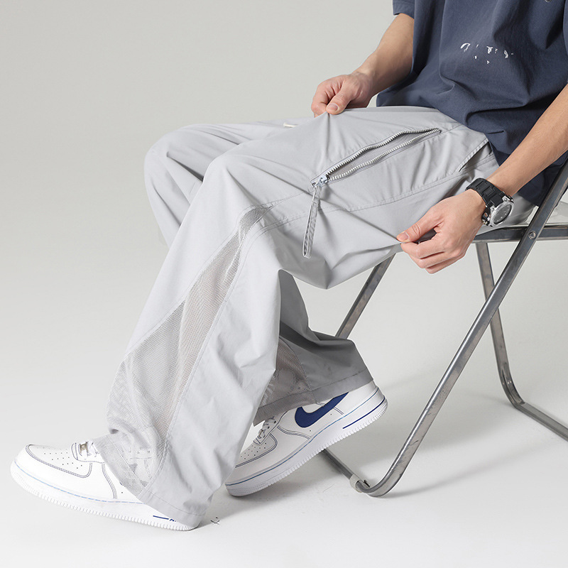 Outdoor Mesh Breathable Sports Paratrooper Pants for Men, Summer Thin Loose Design Straight Wide-Leg Casual Long Pants