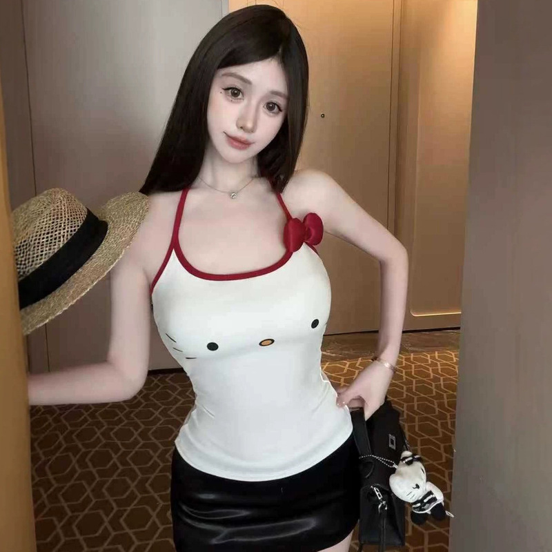 1206 # Summer Cute Hello Kitty Camisole for Women, Slim Fit, Slimming, Hot Girl Style, with Chest Pads, Halter Neck