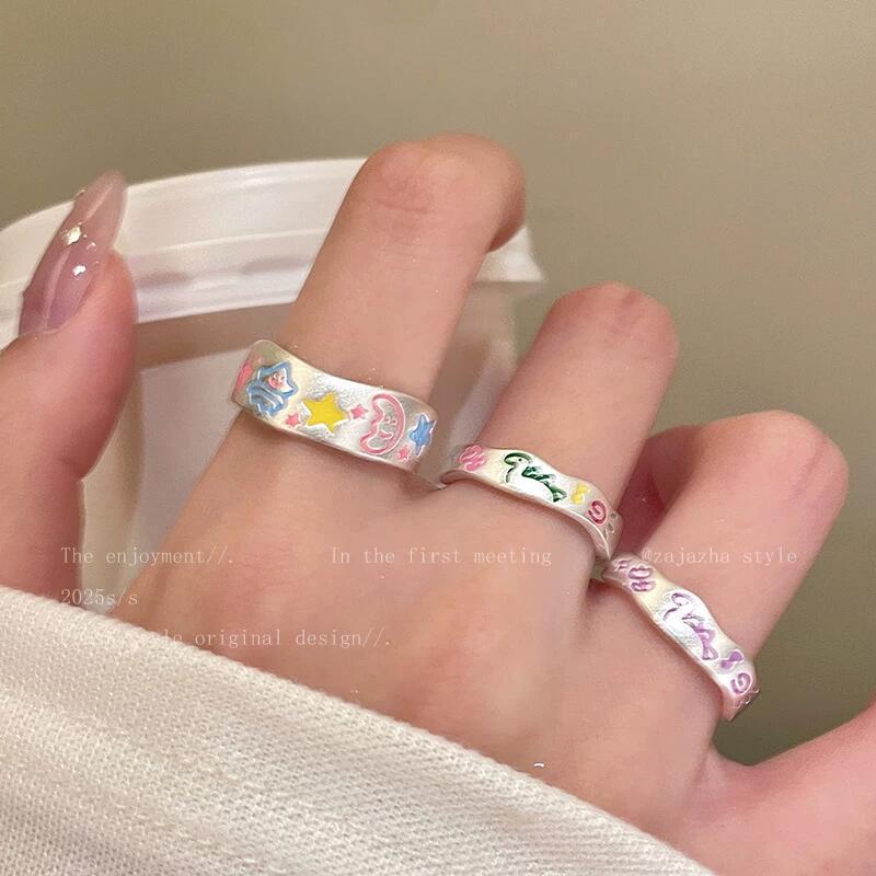 Painted Star Letter Ring for Women, Unique Design, Cute Color-Contrast Index Finger Ring, Adjustable Open Ring for Layered Wear Painted Star Letter Ring for Women, Unique Design, Cute Color-Contrast Index Finger Ring, Adjustable Open Ring for Layered Wear