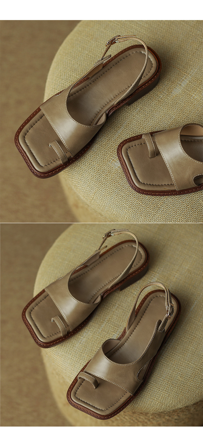 Sandal nữ xỏ ngón cổ điển đế bệt hở mũi — Màu nâu chi tiết 13