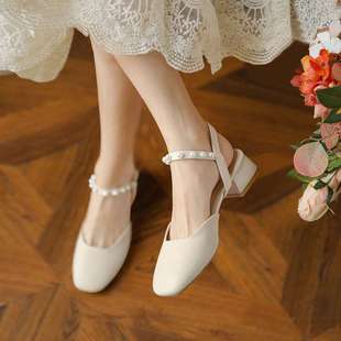Soft Leather Pearl Toe-Cap Sandals for Women, Fairy Style, Versatile Thick Heel, Gentle Medium Heel Mary Jane Shoes for Summer 2025