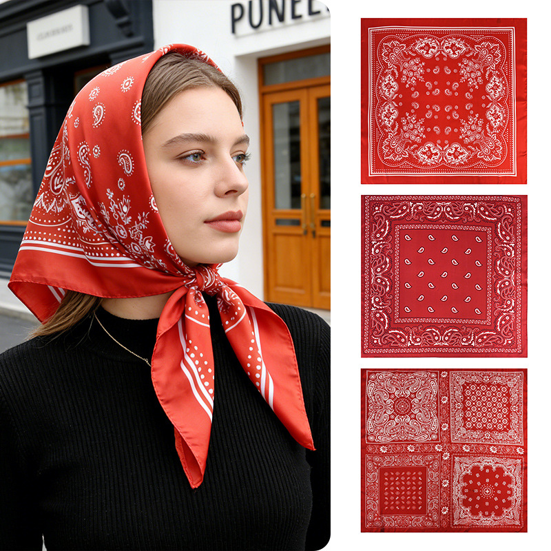 跨境外贸红色腰果花丝巾70仿真丝正方形系脖佩斯里变形虫方巾围巾