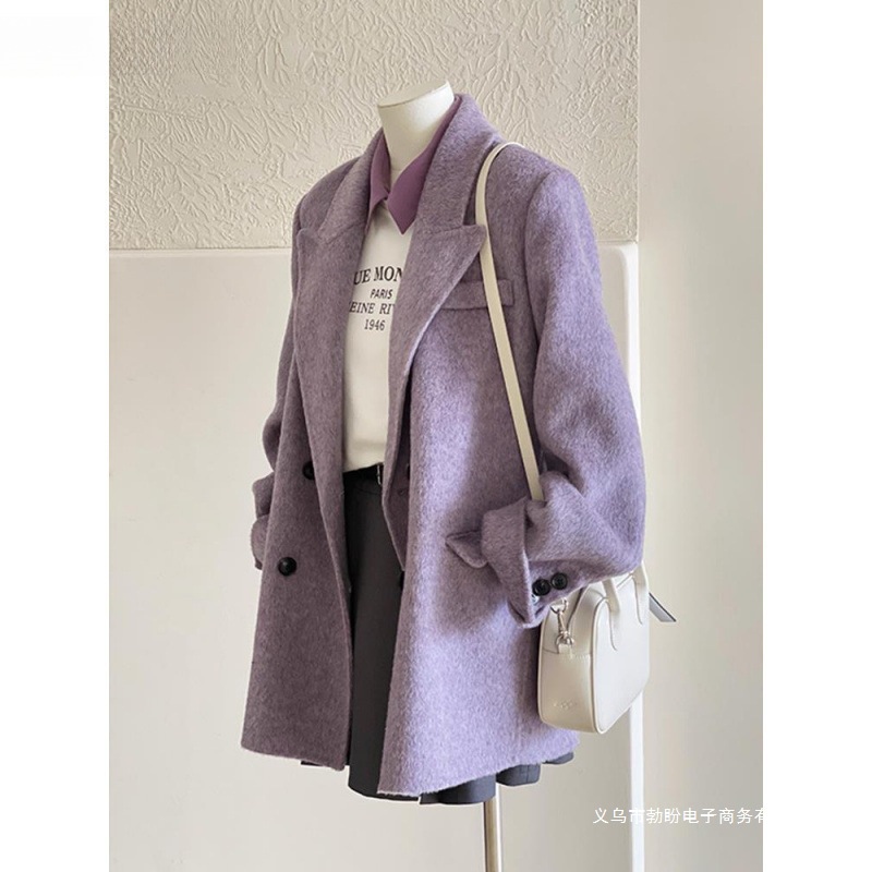 New Gentle Purple Woolen Coat for Women in Autumn and Winter, New Woolen Coat for Small People, Short Korean Style