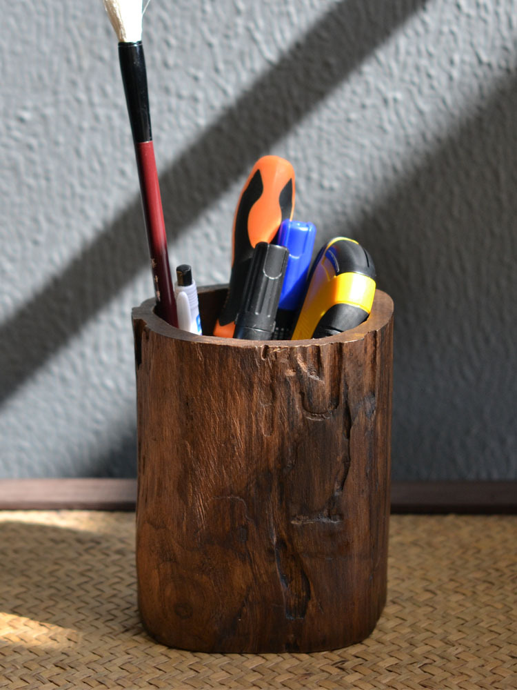 태국 단단한 나무 펜 홀더 빈티지 홈 오피스 데스크탑 공급 표면 선물 장식 저장 상자 나무 라운드