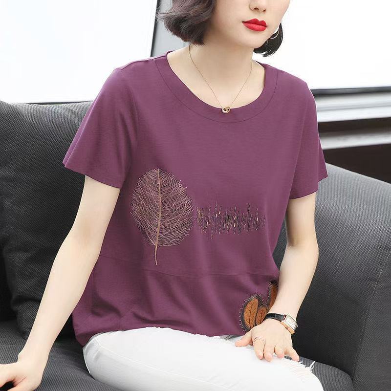 Middle-aged Mother's Embroidered Short-sleeved T-shirt Women's plus size 2025 Cotton Summer New Fashionable Korean Loose Women's Top