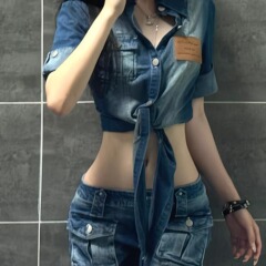美式辣妹下摆绑带柔软薄洗水牛仔短袖女夏可调节袖口收腰短款上衣