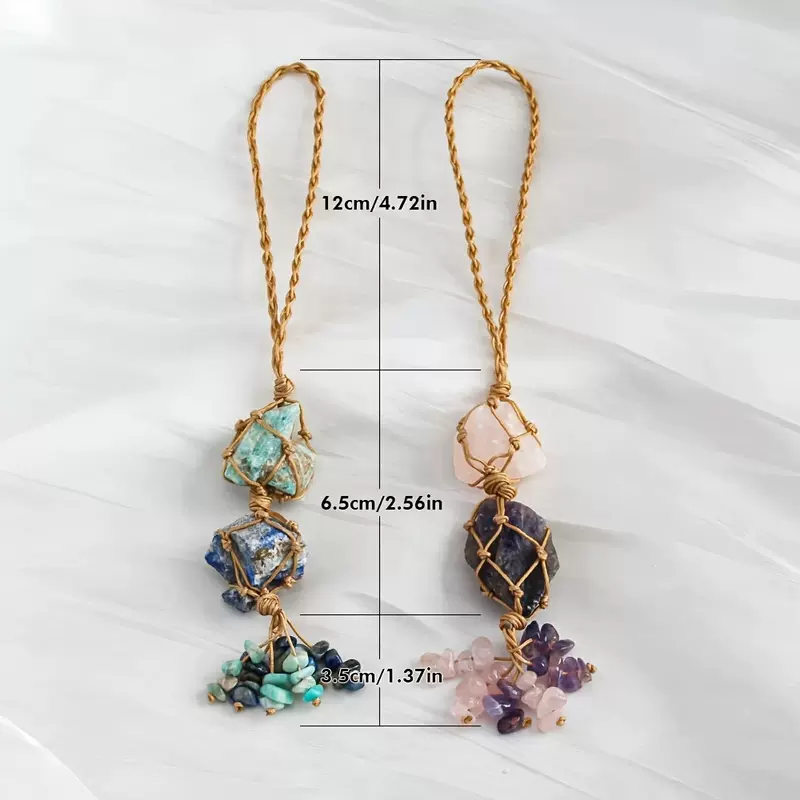 Cross-Border Hot-Selling Natural Crystal Column Colorful Amethyst Hand-Woven Mesh Bag Pendant Car Hanging Car Bag Accessories