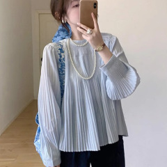 浅蓝色风琴压褶圆领长袖衬衫女夏季小个子休闲通勤设计感小众上衣
