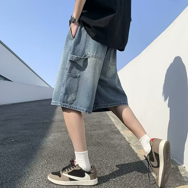常规中腰新款夏季港风工装牛仔短裤男五分中裤潮青少年直筒水洗