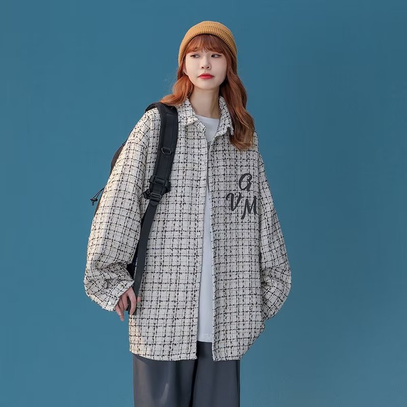Chaqueta bordada de fragancia pequeña americana AHCN casual de todo fósforo, camisa suelta, blusa de otoño a cuadros tejidos de moda nacional de la calle