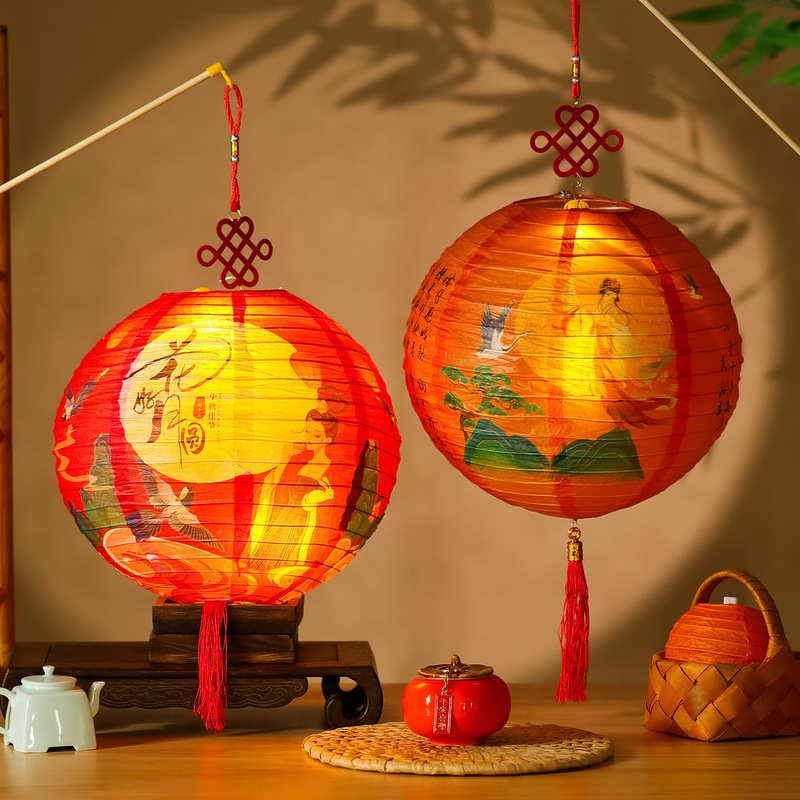 中秋节纸灯笼国风带灯挂饰手工diy 户外儿童手提中式古风发光宫灯|undefined