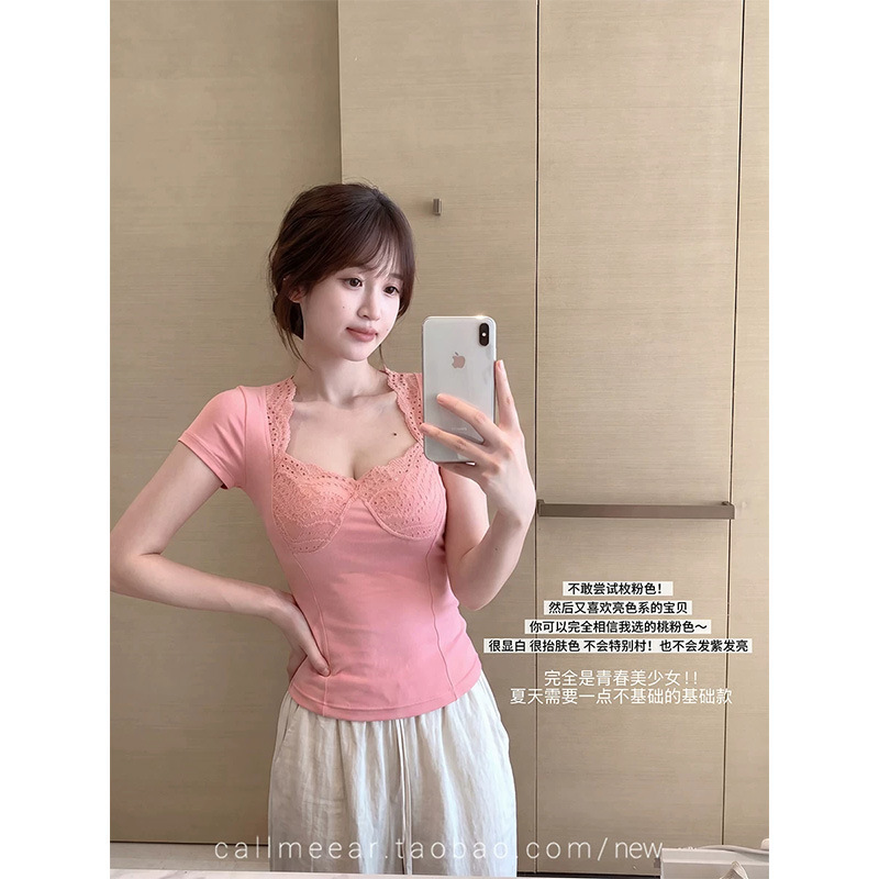 Callmeear//Heartbeat Venus Patchwork Design Waist-Cinching Slimming Short-Sleeve T-Shirt for Women Summer Top Callmeear//Heartbeat Venus Patchwork Design Waist-Cinching Slimming Short-Sleeve T-Shirt for Women Summer Top