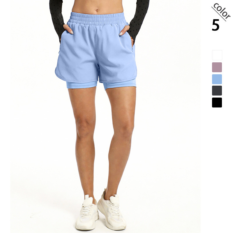 Cross-Border Women's Two-In-One Running Shorts High-Waisted Sports Gym Shorts with Lining and Zipper Pockets Cross-Border Women's Two-In-One Running Shorts High-Waisted Sports Gym Shorts with Lining and Zipper Pockets