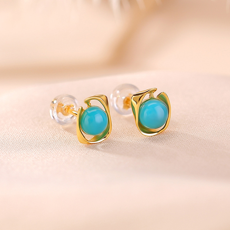 Khuyên tai bạc S925 mạ vàng đính đá turquoise hình học cá tính — Cặp đôi