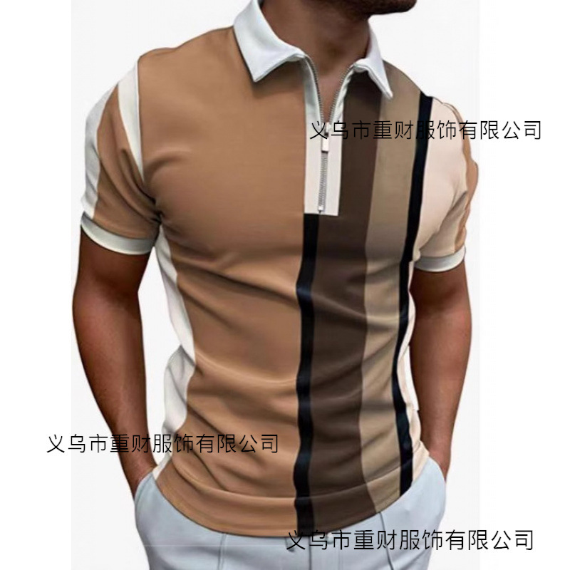 Summer European and American Trendy Men's Zip-Up Polo Shirt with Fashionable 3D Digital Print Lv Short Sleeves, Direct Sales from the Manufacturer