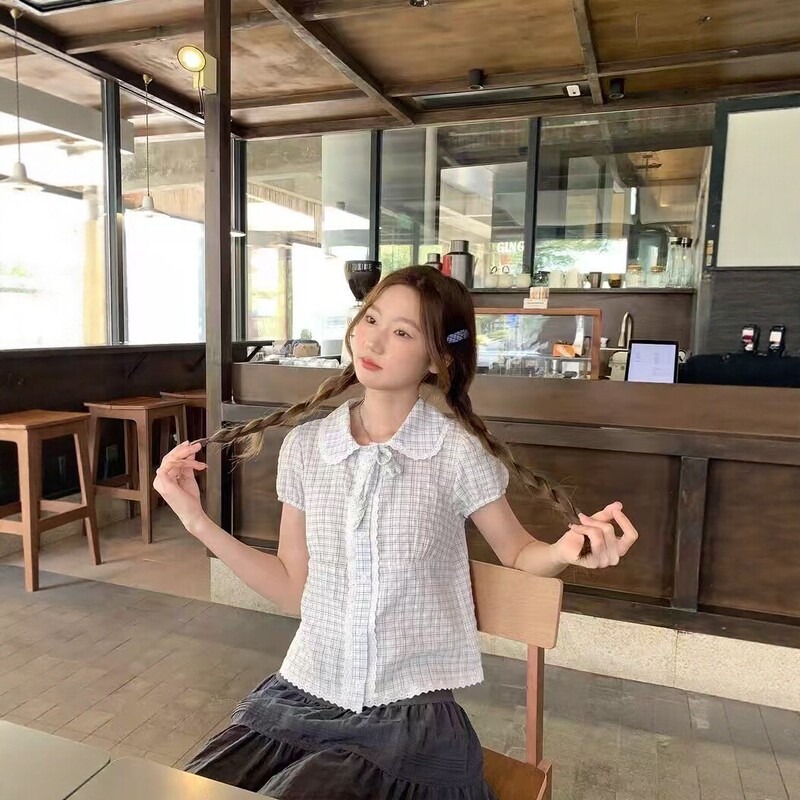 2026 New Style Plaid Doll Collar Short-Sleeved Shirt for Women Summer College Style Lace-Up Lace Shirt Doll Collar Shirt
