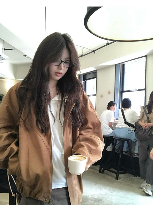 珍妮同款2025秋季经典复古好版型夹克皮衣咖色花苞廓型外套女薄款|undefined