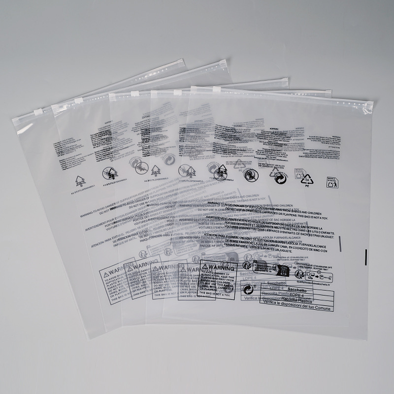 Bolsa transparente con cremallera y etiqueta de reciclaje en español para embalaje de ropa transfronterizo, bolsa de plástico para prendas.