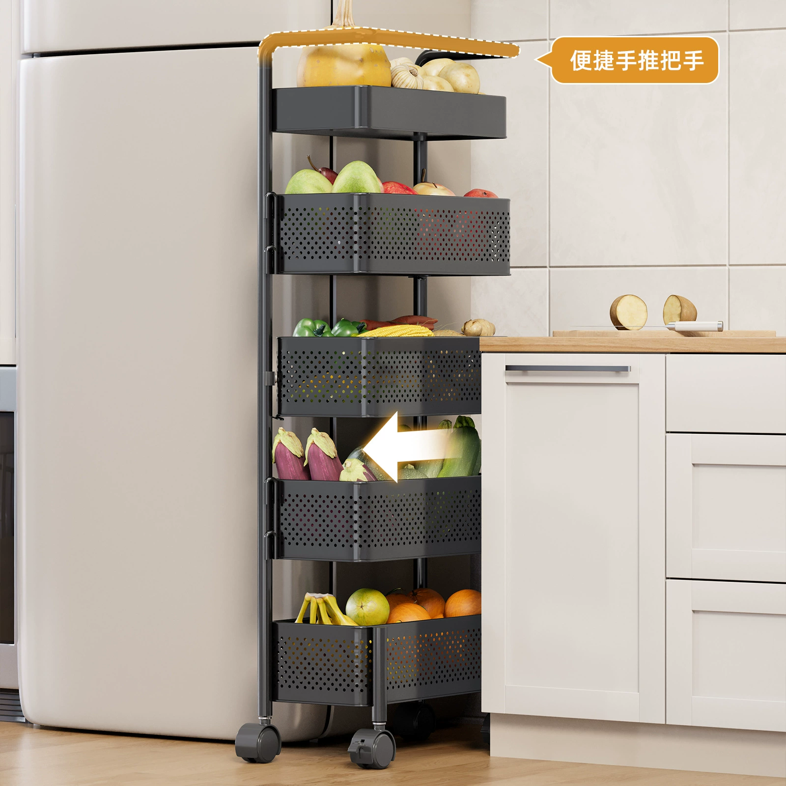 Modern and minimalistic cart, rotating multilayer storage system