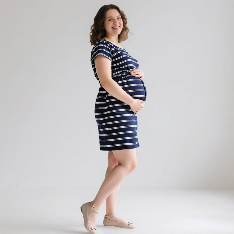 In Stock 2025 Summer European and American Fashion Maternity Striped Round Neck Dress Elastic Waistband Short-Sleeved Maternity Dress Large Size