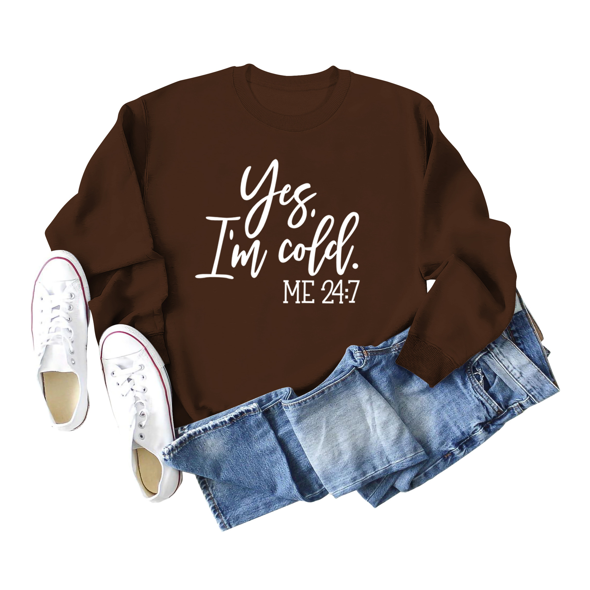 Suéter de punto con estampado de letras casuales sueltos de Amazon Yes 'I'm Cold nueva ropa de mujer de comercio exterior con cuello redondo